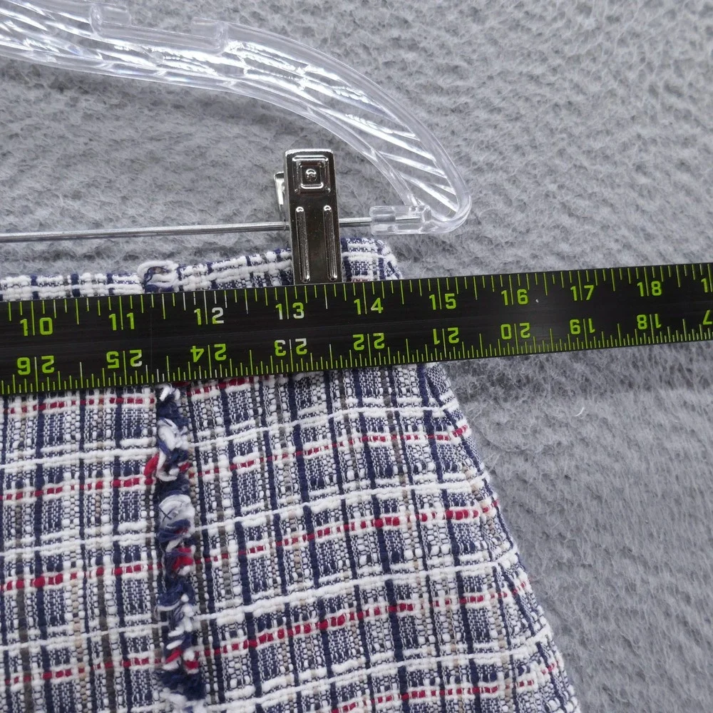 J Crew Womens Navy‎ Blue Red White Plaid Tweed Fringe Pencil Skirt Size 4
